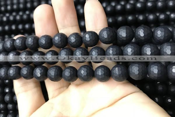 CAA2440 15.5 inches 10mm faceted round matte black agate beads