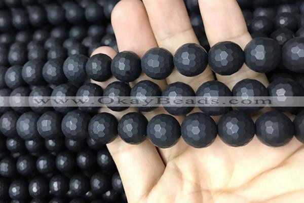 CAA2441 15.5 inches 12mm faceted round matte black agate beads