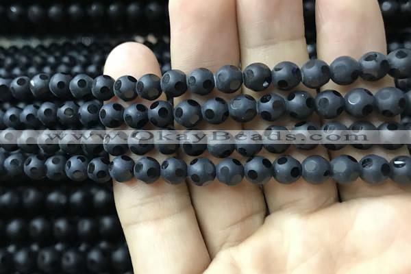 CAA2458 15.5 inches 6mm carved round matte black agate beads