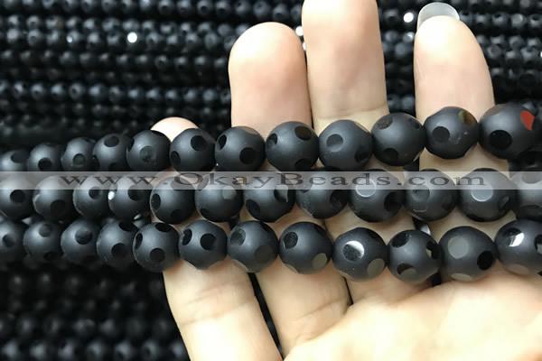 CAA2461 15.5 inches 12mm carved round matte black agate beads