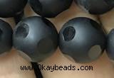 CAA2462 15.5 inches 14mm carved round matte black agate beads