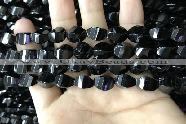 CAA2493 15.5 inches 8*12mm faceted & twisted rice black agate beads