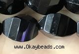 CAA2494 15.5 inches 10*14mm faceted & twisted rice black agate beads