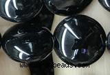 CAA2528 15.5 inches 14mm flat round black agate beads wholesale