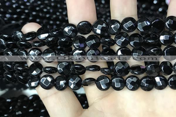 CAA2581 15.5 inches 12mm faceted coin black agate beads wholesale