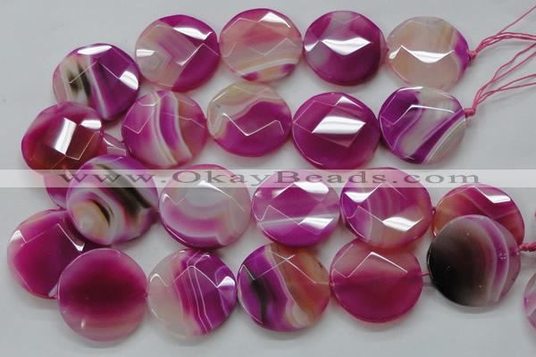 CAA314 15.5 inches 35mm faceted coin fuchsia line agate beads