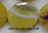 CAA328 15.5 inches 35mm faceted coin yellow line agate beads