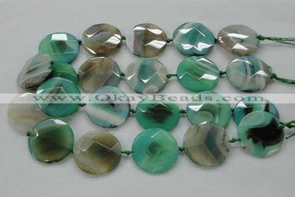 CAA339 15.5 inches 35mm faceted coin green line agate beads