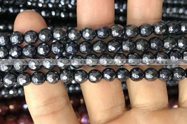 CAA3555 15.5 inches 6mm faceted round AB-color black agate beads