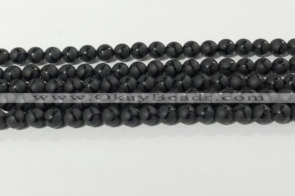 CAA3655 15.5 inches 6mm round matte & carved black agate beads