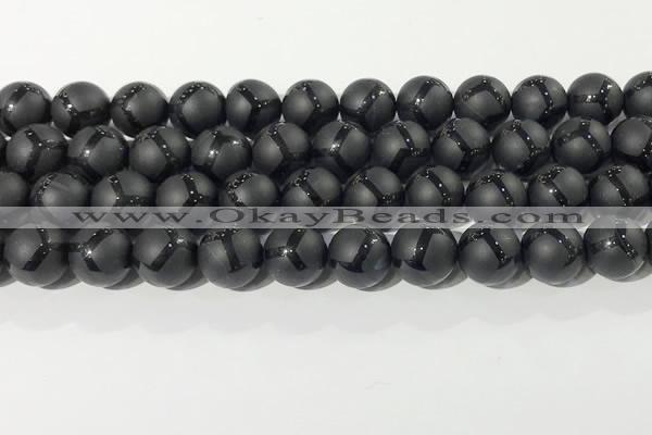 CAA3657 15.5 inches 10mm round matte & carved black agate beads