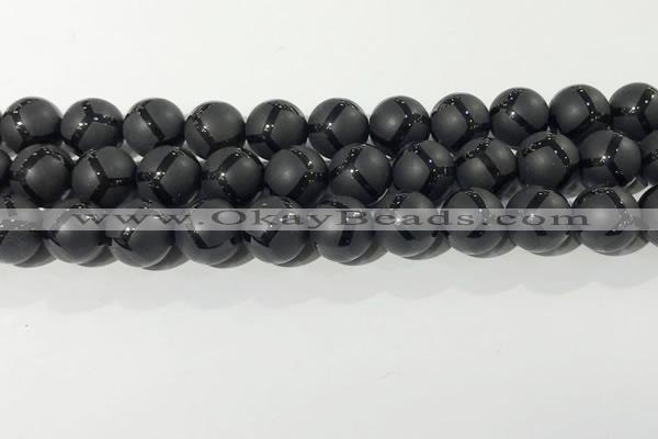 CAA3658 15.5 inches 12mm round matte & carved black agate beads