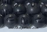 CAA3661 15.5 inches 8mm round matte & carved black agate beads