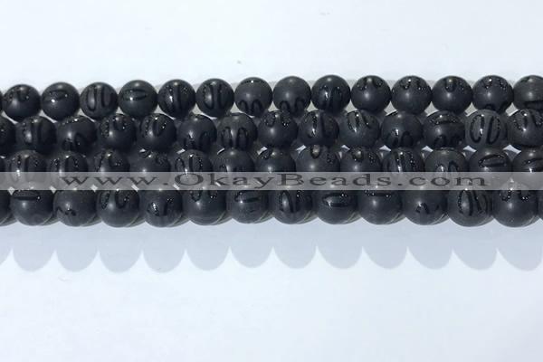 CAA3661 15.5 inches 8mm round matte & carved black agate beads