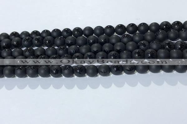 CAA3665 15.5 inches 6mm round matte & carved black agate beads