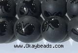 CAA3667 15.5 inches 10mm round matte & carved black agate beads