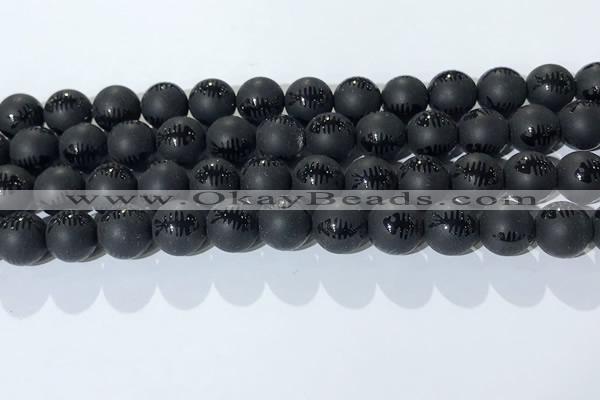 CAA3672 15.5 inches 10mm round matte & carved black agate beads