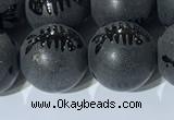 CAA3673 15.5 inches 12mm round matte & carved black agate beads