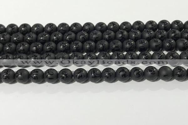 CAA3675 15.5 inches 6mm round matte & carved black agate beads