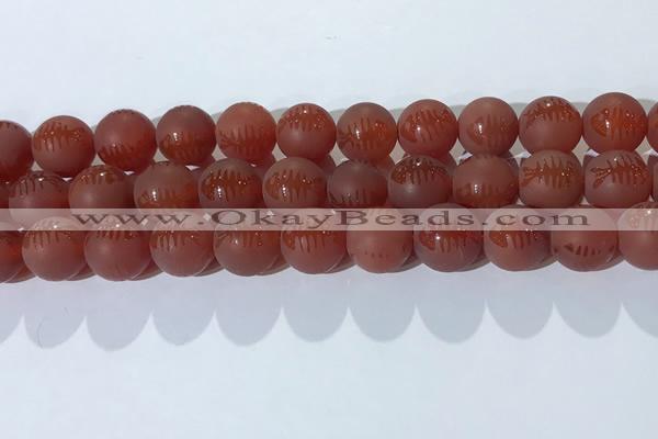 CAA3689 15.5 inches 12mm round matte & carved red agate beads