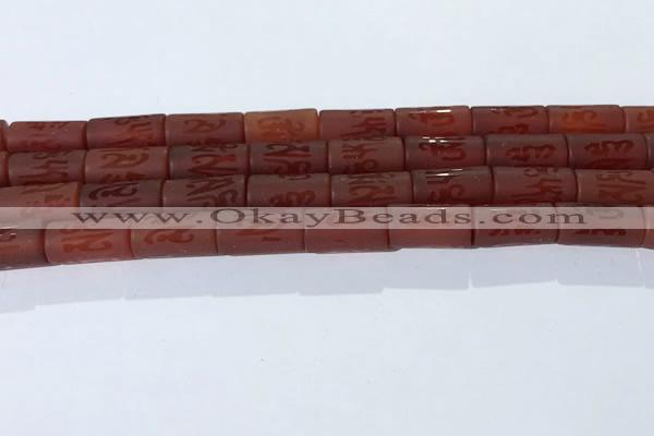 CAA3697 15.5 inches 8*16mm tube matte & carved red agate beads