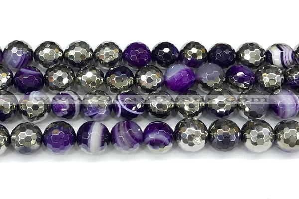 CAA6019 15 inches 12mm faceted round electroplated line agate beads