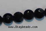 CAB809 15.5 inches 12mm faceted coin black gemstone agate beads