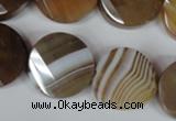 CAG3160 15.5 inches 20mm faceted & twisted coin brown line agate beads