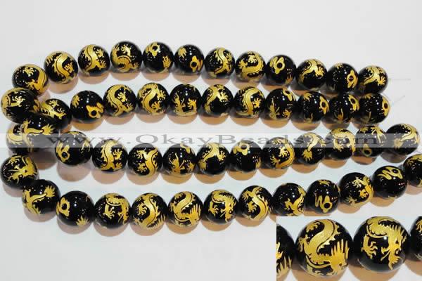 CAG3383 15.5 inches 16mm carved round black agate beads wholesale