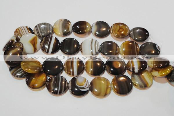 CAG3506 15.5 inches 25mm flat round brown line agate beads