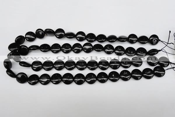 CAG4012 15.5 inches 14mm flat round black agate beads