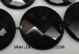 CAG4025 15.5 inches 30mm faceted coin black agate beads