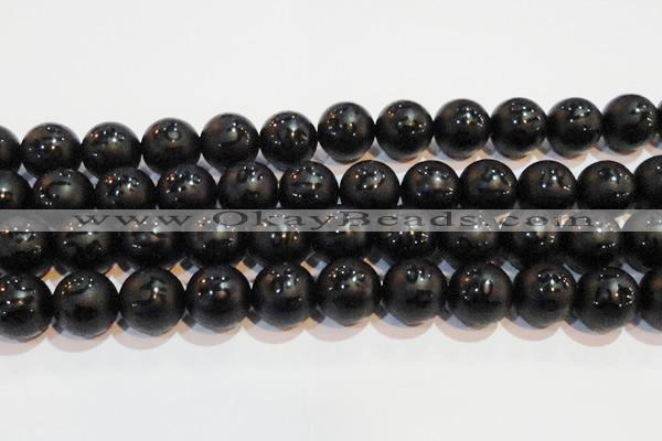 CAG6005 15.5 inches 14mm carved round matte black agate beads