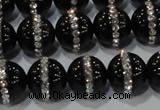 CAG8632 15.5 inches 12mm round black agate with rhinestone beads