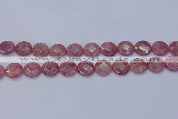 CBQ461 15.5 inches 14mm faceted coin strawberry quartz beads