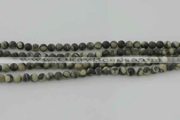 CBW161 15.5 inches 6mm round matte black fossil jasper beads