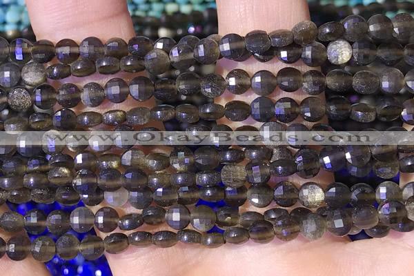 CCB1057 15 inches 4mm faceted coin obsidian beads