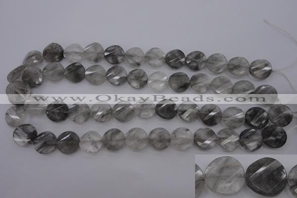 CCQ273 15.5 inches 15mm faceted & twisted coin cloudy quartz beads