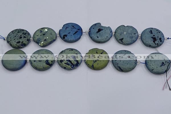 CDQ679 8 inches 30mm flat round druzy quartz beads wholesale