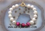 CFB1027 Hand-knotted 9mm - 10mm potato white freshwater pearl & red tiger eye bracelet