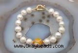 CFB1037 Hand-knotted 9mm - 10mm potato white freshwater pearl & yellow banded agate bracelet