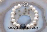 CFB1071 Hand-knotted 9mm - 10mm potato white freshwater pearl & blue tiger eye bracelet