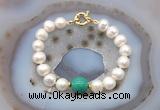 CFB1077 Hand-knotted 9mm - 10mm potato white freshwater pearl & grass agate bracelet