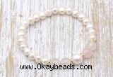 CFB600 6-7mm potato white freshwater pearl & rose quartz stretchy bracelet