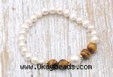 CFB618 6-7mm potato white freshwater pearl & yellow tiger eye stretchy bracelet