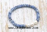 CFB719 faceted rondelle blue spot stone & potato white freshwater pearl stretchy bracelet