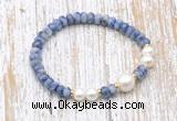 CFB720 faceted rondelle blue spot stone & potato white freshwater pearl stretchy bracelet