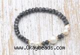 CFB753 faceted rondelle black labradorite & potato white freshwater pearl stretchy bracelet