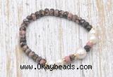 CFB765 faceted rondelle rhodonite & potato white freshwater pearl stretchy bracelet