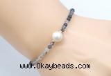 CFB811 4mm faceted round black rutilated quartz & potato white freshwater pearl bracelet